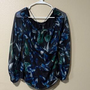 White House Black Market Black and Blue Patterned Blouse